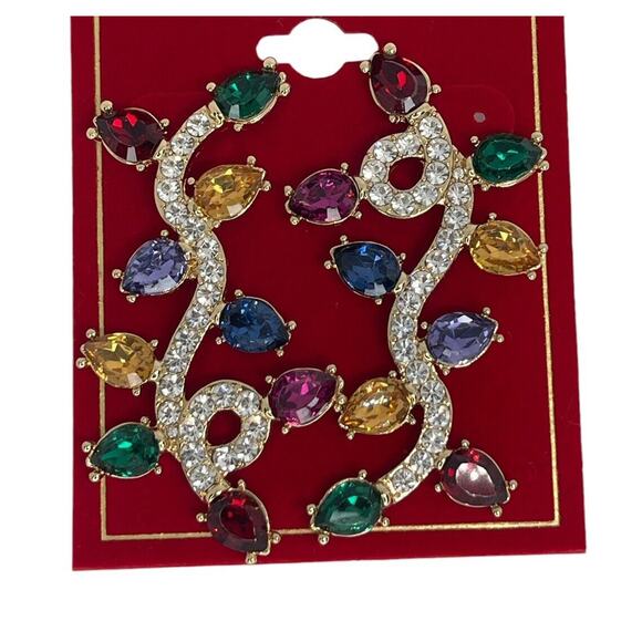Gold Tone Xmas Lights Earrings Crystal Christmas Stylish Fashion Holidays NWT - Picture 1 of 12